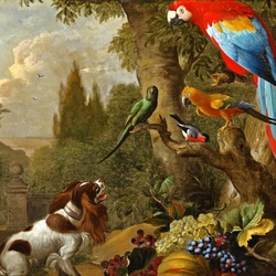 Jigsaw puzzle: Still life with fruit, dog and parrots in a landscape