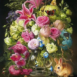Jigsaw puzzle: Roses and rabbit