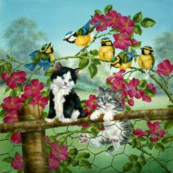 Jigsaw puzzle: Kittens and titmouses