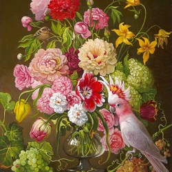 Jigsaw puzzle: Bouquet of flowers and pink parrot