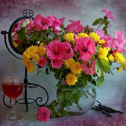 Jigsaw puzzle: Bouquet of flowers with a glass of wine