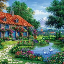 Jigsaw puzzle: Cottage with swans