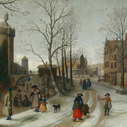 Jigsaw puzzle: Winter landscape with skaters outside the city walls