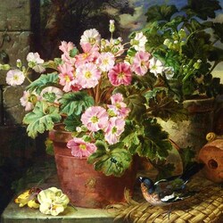 Jigsaw puzzle: Still life with primroses and a bird