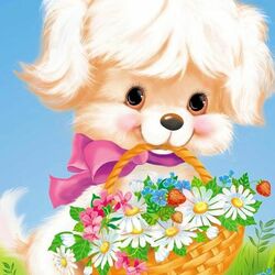 Jigsaw puzzle: Dog with a basket of flowers