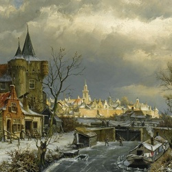 Jigsaw puzzle: A frozen canal with Naarden in the distance