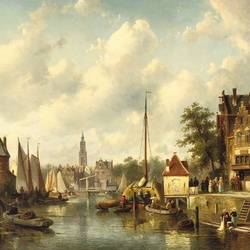 Jigsaw puzzle: Dutch city with river and figures
