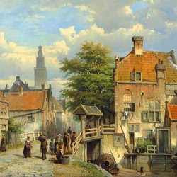 Jigsaw puzzle: Citizens on the bridge over the Dutch canal