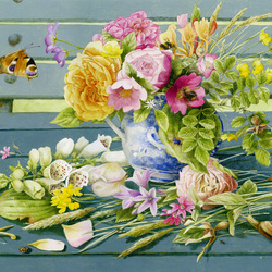 Jigsaw puzzle: A bouquet of flowers on a bench