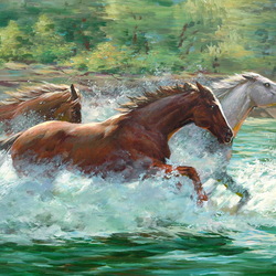 Jigsaw puzzle: Horses running on water