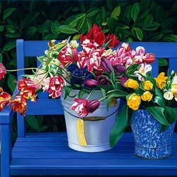 Jigsaw puzzle: Tulips on a bench