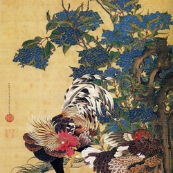 Jigsaw puzzle: Rooster and hen in hydrangea