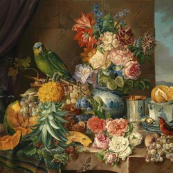 Jigsaw puzzle: Fruits, flowers and parrot