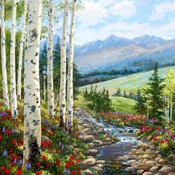 Jigsaw puzzle: Birches by a mountain river