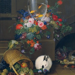 Jigsaw puzzle: Still life with flowers, rabbit and goldfish