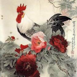 Jigsaw puzzle: Rooster in peonies