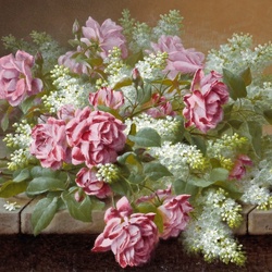 Jigsaw puzzle: Still life with pink roses and lilacs