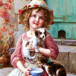 Jigsaw puzzle: Girl with kitten and puppy
