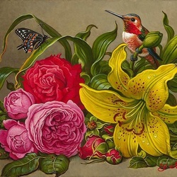 Jigsaw puzzle: Flower bouquet and hummingbird