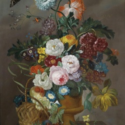 Jigsaw puzzle: Still life with flowers and a basket of grapes