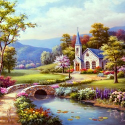 Jigsaw puzzle: Church by the river