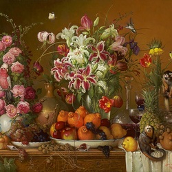 Jigsaw puzzle: Lilies, fruits and monkeys
