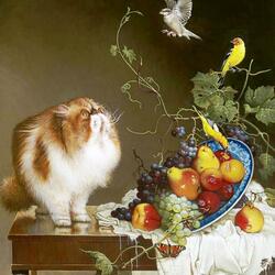 Jigsaw puzzle: Still life with a cat and canaries