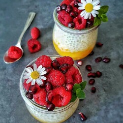 Jigsaw puzzle: Tapioca with peaches, raspberries and pomegranate