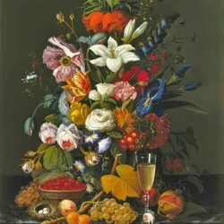 Jigsaw puzzle: Still life with flowers, fruits and wine