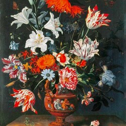 Jigsaw puzzle: Tulips and lilies in a terracotta vase