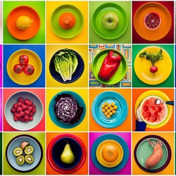 Jigsaw puzzle: Collage with vegetables and fruits on plates