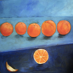 Jigsaw puzzle: Six oranges on a blue table