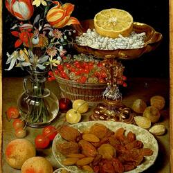 Jigsaw puzzle: Still life with fruit and a bouquet of flowers