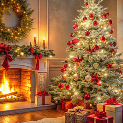 Jigsaw puzzle: Christmas tree by the fireplace