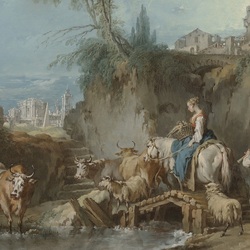 Jigsaw puzzle: Landscape with a shepherd and city in the distance