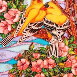Jigsaw puzzle: Stained glass painting. Goldfinches