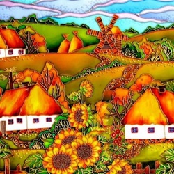 Jigsaw puzzle: Stained glass painting. My village