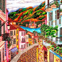 Jigsaw puzzle: Stained glass painting. Streets of Italy