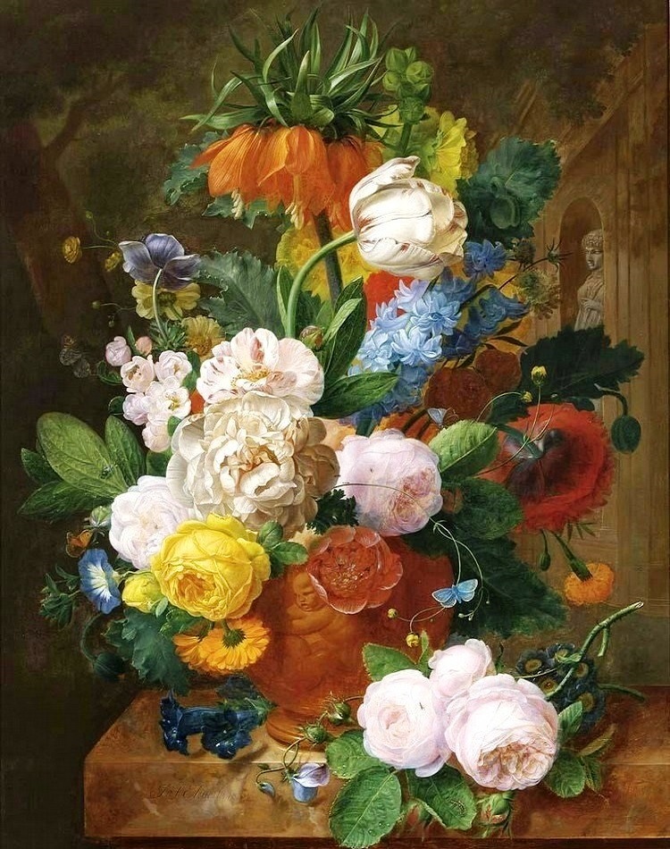 Jigsaw puzzle «Roses and tulips in a terracotta vase» solve jigsaw