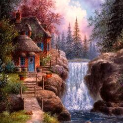 Jigsaw puzzle: House by the waterfall