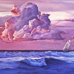 Acrylic Painting Pink Clouds and Waves Seascape 