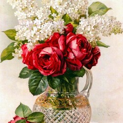 Jigsaw puzzle: Roses and lilacs in a glass vase