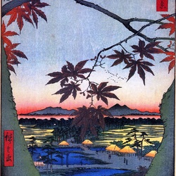 Jigsaw puzzle: 100 known species of Edo. Maple Leaves and Tecona Temple and Bridge in Mama