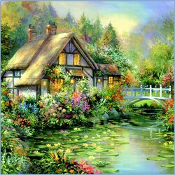 Jigsaw puzzle: House by the pond with lilies