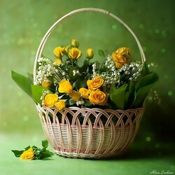 Jigsaw puzzle: Basket with yellow roses and lilies of the valley