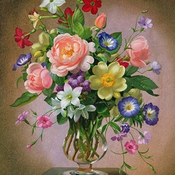 Jigsaw puzzle: Roses, peonies and freesias in a glass vase