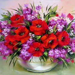 Jigsaw puzzle: Bouquet of poppies and garden carnations