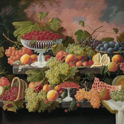 Jigsaw puzzle: Still life with fruits against the background of a sunset landscape