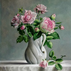 Jigsaw puzzle: Pink bouquet in a ceramic jug