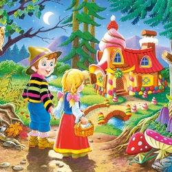 Jigsaw puzzle: Gingerbread house. Hansel and Gretel